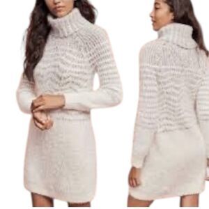 Anthro Sleeping on Snow Cozy Cream Turtleneck Sweater Dress